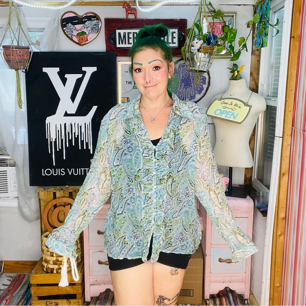 Worthington Sheer Blue and Green Button Down Shirt size 3X